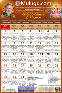 Chicago (USA) Telugu Calendar 2017 October with Tithi, Nakshatram, Durmuhurtham Timings, Varjyam Timings and Rahukalam (Samayam's)Timings