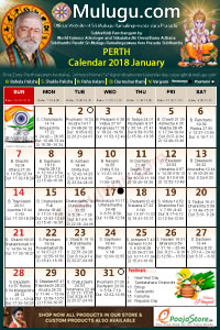 Perth (USA) Telugu Calendar 2018 January with Tithi, Nakshatram, Durmuhurtham Timings, Varjyam Timings and Rahukalam (Samayam's)Timings