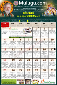 Toronto (USA) Telugu Calendar 2018 March with Tithi, Nakshatram, Durmuhurtham Timings, Varjyam Timings and Rahukalam (Samayam's)Timings