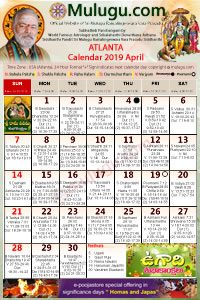 Atlanta (USA) Telugu Calendar 2019 April with Tithi, Nakshatram, Durmuhurtham Timings, Varjyam Timings and Rahukalam (Samayam's)Timings