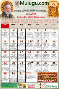 Atlanta (USA) Telugu Calendar 2019 December with Tithi, Nakshatram, Durmuhurtham Timings, Varjyam Timings and Rahukalam (Samayam's)Timings