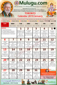 Toronto (Canada) Telugu Calendar 2019 January with Tithi, Nakshatram, Durmuhurtham Timings, Varjyam Timings and Rahukalam (Samayam's)Timings