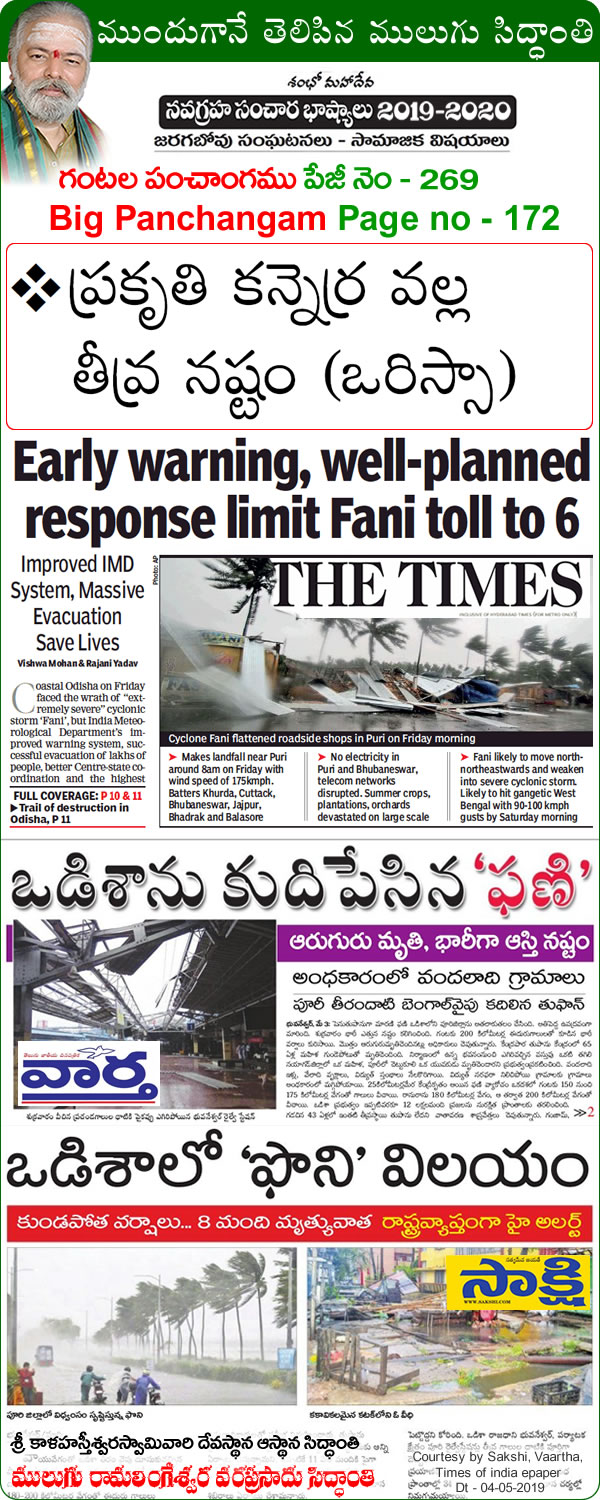Mulugu Siddanthi Proven Prediction Mulugu-Prediction Cyclone Fani Crosses Odisha Coast; Flooding, Damaging Winds -Print-media-by Sakshi,Vaartha, Times of Indida, Namaste Telangana