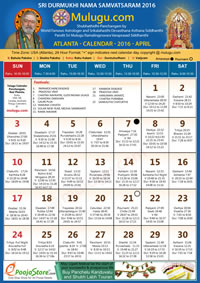 Atlanta (USA) Telugu Calendar 2016 April with Tithi, Nakshatram, Durmuhurtham Timings, Varjyam Timings and Rahukalam (Samayam's)Timings