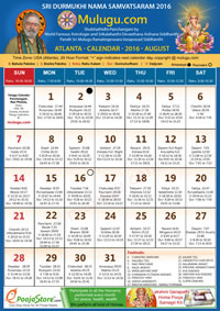 Atlanta (USA) Telugu Calendar 2016 August with Tithi, Nakshatram, Durmuhurtham Timings, Varjyam Timings and Rahukalam (Samayam's)Timings