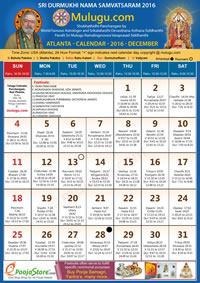 Atlanta (USA) Telugu Calendar 2016 December with Tithi, Nakshatram, Durmuhurtham Timings, Varjyam Timings and Rahukalam (Samayam's)Timings