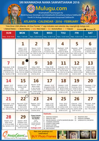 Atlanta (USA) Telugu Calendar 2016 February with Tithi, Nakshatram, Durmuhurtham Timings, Varjyam Timings and Rahukalam (Samayam's)Timings
