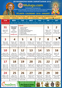 Atlanta (USA) Telugu Calendar 2016 January with Tithi, Nakshatram, Durmuhurtham Timings, Varjyam Timings and Rahukalam (Samayam's)Timings