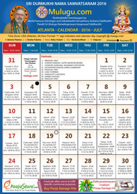 Atlanta (USA) Telugu Calendar 2016 July with Tithi, Nakshatram, Durmuhurtham Timings, Varjyam Timings and Rahukalam (Samayam's)Timings