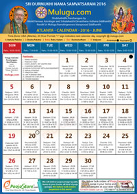 Atlanta (USA) Telugu Calendar 2016 June with Tithi, Nakshatram, Durmuhurtham Timings, Varjyam Timings and Rahukalam (Samayam's)Timings