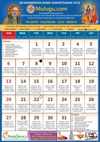 Atlanta (USA) Telugu Calendar 2016 March with Tithi, Nakshatram, Durmuhurtham Timings, Varjyam Timings and Rahukalam (Samayam's)Timings