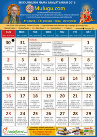 Atlanta (USA) Telugu Calendar 2016 October with Tithi, Nakshatram, Durmuhurtham Timings, Varjyam Timings and Rahukalam (Samayam's)Timings