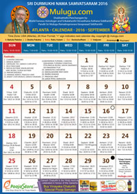 Atlanta (USA) Telugu Calendar 2016 September with Tithi, Nakshatram, Durmuhurtham Timings, Varjyam Timings and Rahukalam (Samayam's)Timings