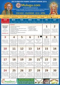Chicago (USA) Telugu Calendar 2016 April with Tithi, Nakshatram, Durmuhurtham Timings, Varjyam Timings and Rahukalam (Samayam's)Timings