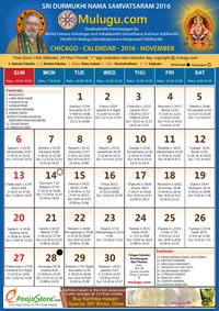 Chicago (USA) Telugu Calendar 2016 November with Tithi, Nakshatram, Durmuhurtham Timings, Varjyam Timings and Rahukalam (Samayam's)Timings
