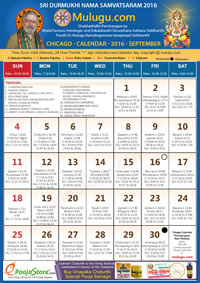 Chicago (USA) Telugu Calendar 2016 September with Tithi, Nakshatram, Durmuhurtham Timings, Varjyam Timings and Rahukalam (Samayam's)Timings