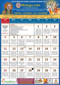 LONDON TELUGU CALENDAR 2016 December with Tithi, Nakshatram, Durmuhurtham Timings, Varjyam Timings and Rahukalam (Samayam's)Timings