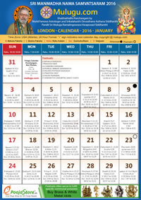 LONDON TELUGU CALENDAR 2016 January with Tithi, Nakshatram, Durmuhurtham Timings, Varjyam Timings and Rahukalam (Samayam's)Timings