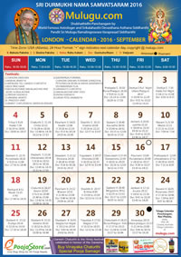 LONDON TELUGU CALENDAR 2016 September with Tithi, Nakshatram, Durmuhurtham Timings, Varjyam Timings and Rahukalam (Samayam's)Timings