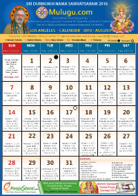 LOS ANGELES TELUGU CALENDAR 2016 August with Tithi, Nakshatram, Durmuhurtham Timings, Varjyam Timings and Rahukalam (Samayam's)Timings