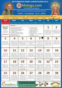 Perth (USA) Telugu Calendar 2016 April with Tithi, Nakshatram, Durmuhurtham Timings, Varjyam Timings and Rahukalam (Samayam's)Timings