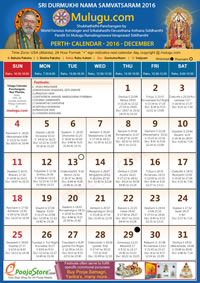 Perth (USA) Telugu Calendar 2016 December with Tithi, Nakshatram, Durmuhurtham Timings, Varjyam Timings and Rahukalam (Samayam's)Timings