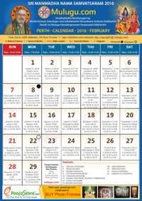 Perth (USA) Telugu Calendar 2016 February with Tithi, Nakshatram, Durmuhurtham Timings, Varjyam Timings and Rahukalam (Samayam's)Timings