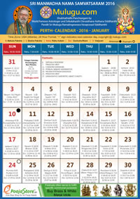 Perth (USA) Telugu Calendar 2016 January with Tithi, Nakshatram, Durmuhurtham Timings, Varjyam Timings and Rahukalam (Samayam's)Timings