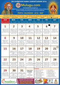 Perth (USA) Telugu Calendar 2016 May with Tithi, Nakshatram, Durmuhurtham Timings, Varjyam Timings and Rahukalam (Samayam's)Timings