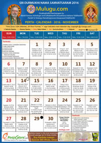 Perth (USA) Telugu Calendar 2016 November with Tithi, Nakshatram, Durmuhurtham Timings, Varjyam Timings and Rahukalam (Samayam's)Timings