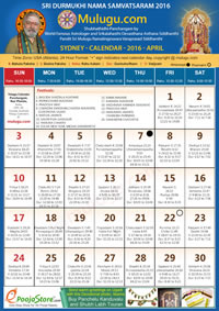 Sydney Telugu Calendar 2016 April with Tithi, Nakshatram, Durmuhurtham Timings, Varjyam Timings and Rahukalam (Samayam's)Timings