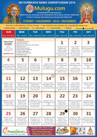 Sydney Telugu Calendar 2016 December with Tithi, Nakshatram, Durmuhurtham Timings, Varjyam Timings and Rahukalam (Samayam's)Timings