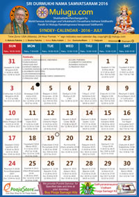 Sydney Telugu Calendar 2016 July with Tithi, Nakshatram, Durmuhurtham Timings, Varjyam Timings and Rahukalam (Samayam's)Timings