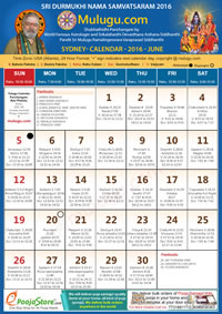 Sydney Telugu Calendar 2016 June with Tithi, Nakshatram, Durmuhurtham Timings, Varjyam Timings and Rahukalam (Samayam's)Timings