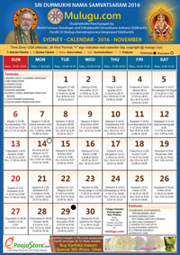 Sydney Telugu Calendar 2016 November with Tithi, Nakshatram, Durmuhurtham Timings, Varjyam Timings and Rahukalam (Samayam's)Timings