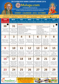 Sydney Telugu Calendar 2016 October with Tithi, Nakshatram, Durmuhurtham Timings, Varjyam Timings and Rahukalam (Samayam's)Timings
