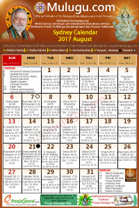 Sydney
(City in New South Wales) Telugu Calendar 2017 August with Tithi, Nakshatram, Durmuhurtham Timings, Varjyam Timings and Rahukalam (Samayam's)Timings