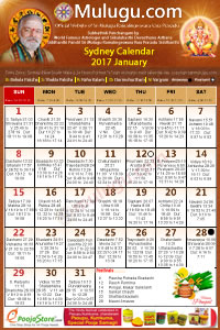 Sydney
(City in New South Wales) Telugu Calendar 2017 January with Tithi, Nakshatram, Durmuhurtham Timings, Varjyam Timings and Rahukalam (Samayam's)Timings