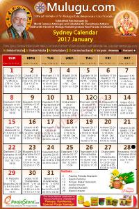 Sydney
(City in New South Wales) Telugu Calendar 2017 January with Tithi, Nakshatram, Durmuhurtham Timings, Varjyam Timings and Rahukalam (Samayam's)Timings