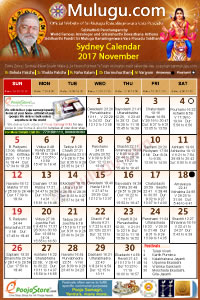Sydney
(City in New South Wales) Telugu Calendar 2017 November with Tithi, Nakshatram, Durmuhurtham Timings, Varjyam Timings and Rahukalam (Samayam's)Timings