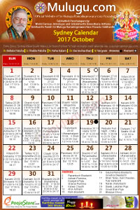Sydney
(City in New South Wales) Telugu Calendar 2017 October with Tithi, Nakshatram, Durmuhurtham Timings, Varjyam Timings and Rahukalam (Samayam's)Timings
