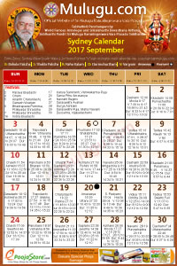 Sydney
(City in New South Wales) Telugu Calendar 2017 September with Tithi, Nakshatram, Durmuhurtham Timings, Varjyam Timings and Rahukalam (Samayam's)Timings