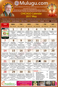 Chicago (USA) Telugu Calendar 2017 May with Tithi, Nakshatram, Durmuhurtham Timings, Varjyam Timings and Rahukalam (Samayam's)Timings