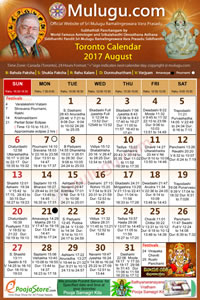 Chicago (USA) Telugu Calendar 2017 August with Tithi, Nakshatram, Durmuhurtham Timings, Varjyam Timings and Rahukalam (Samayam's)Timings