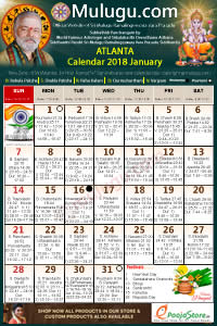 Atlanta (USA) Telugu Calendar 2018 January with Tithi, Nakshatram, Durmuhurtham Timings, Varjyam Timings and Rahukalam (Samayam's)Timings