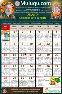 Atlanta (USA) Telugu Calendar 2018 January with Tithi, Nakshatram, Durmuhurtham Timings, Varjyam Timings and Rahukalam (Samayam's)Timings