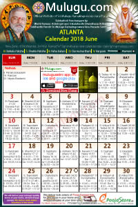 Atlanta (USA) Telugu Calendar 2018 June with Tithi, Nakshatram, Durmuhurtham Timings, Varjyam Timings and Rahukalam (Samayam's)Timings