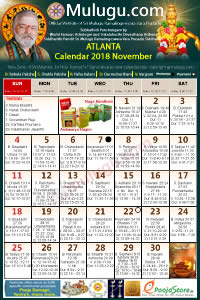 Atlanta (USA) Telugu Calendar 2018 November with Tithi, Nakshatram, Durmuhurtham Timings, Varjyam Timings and Rahukalam (Samayam's)Timings
