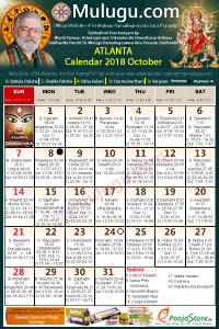 Atlanta (USA) Telugu Calendar 2018 October with Tithi, Nakshatram, Durmuhurtham Timings, Varjyam Timings and Rahukalam (Samayam's)Timings