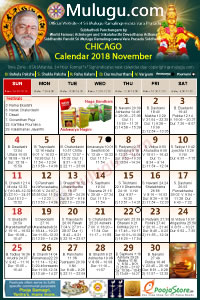 Chicago (USA) Telugu Calendar 2018 November with Tithi, Nakshatram, Durmuhurtham Timings, Varjyam Timings and Rahukalam (Samayam's)Timings
